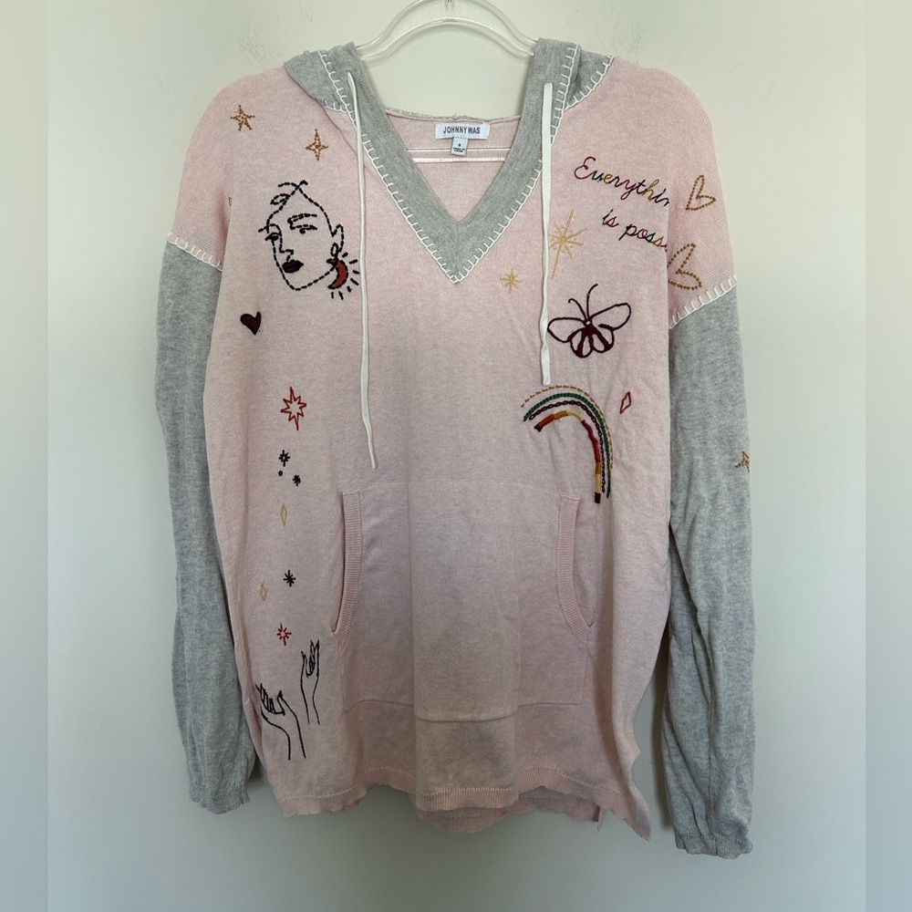 Johnny Was Hoodie Pink Grey S Cotton Cashmere Embroidered M69022 Boho Sweater